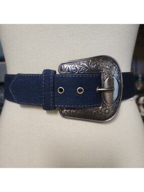 Revcor Women's Blue Denim Western Belt Silver Buckle Fits 26-29"
